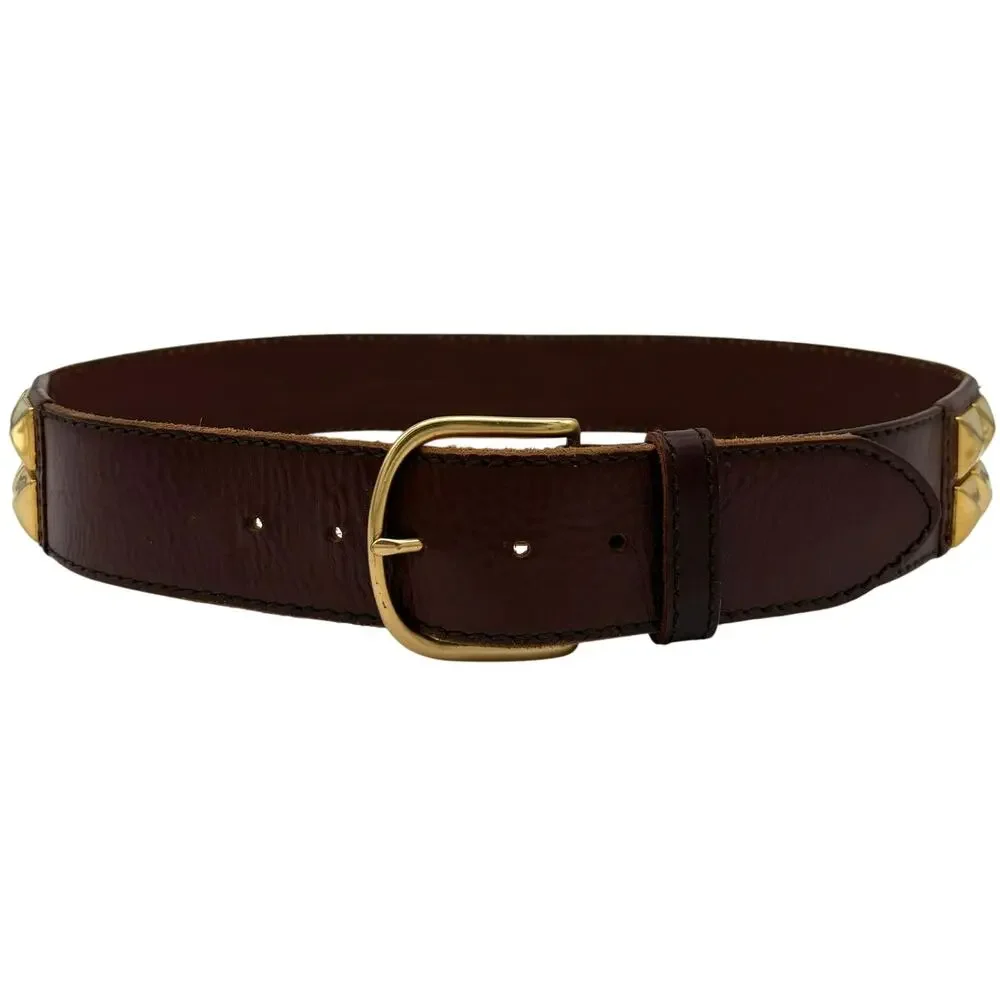 Linea Pelle Studded Genuine Leather Belt Brown Gold Tone Size M Boho